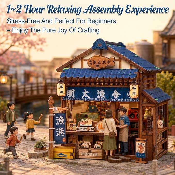 Cutefun DIY Miniature House Kit, 129 Pcs 3D Wooden Puzzle Tiny House Mini House Building Kit for Beginner & Teens, Palm-Sized Japanese Booknook Dollhouse for Bookshelf Decor (Fukuoka Mentaiko Kitchen)