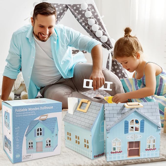 WOODMAM Foldable Wooden Dollhouse with 2 Dolls & Pet Set, 20PCS Furniture Wooden Doll House for Girls Age 3-6, Portable Pretend Play Toy, Christmas Birthday Gift for Toddlers