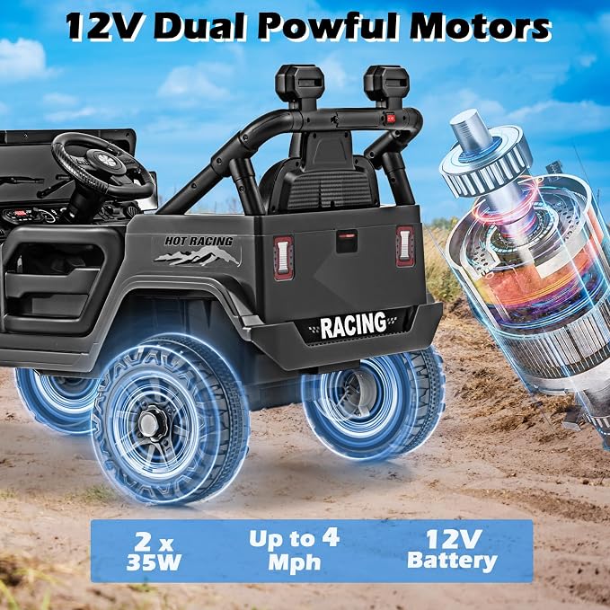 OLAKIDS Ride on Truck, 12V Battery Powered Electric Vehicle for Kids with Remote Control, Bluetooth, Power Display, LED Lights, Music Player, Ride on Toy for 3+ Boys Girls (Black)