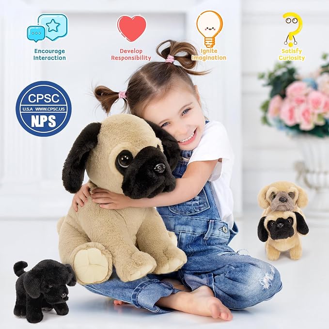 MorisMos Pug Dog Stuffed Animal with Babies,14'' Large Mommy Dog Push with Baby Puppy Toys for Kids,4Pcs Realistic Bulldog Toys for Girl Boy, Stuffed Pug Toy Gift for Birthday Christmas