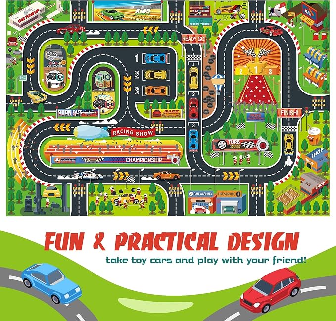 Oriate Kids Toy Dream Mat Racetrack Activity Playmat, Ideal Fun Carpet Racing Map for Bedroom Playroom, 47" X 31" Pretend Play Rug Safely Have Fun, Great for Playing with Car Toys Truck Toy