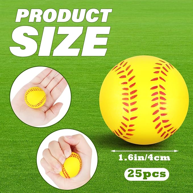 Hooqict Mini Foam Softball Stress Ball 25 Pack Softball Party Favors Small Soft Sports Ball Stress Relief Toy for Kids Adults Party Bag Gift Fillers Goodie Bag Stuffers School Classroom Prize