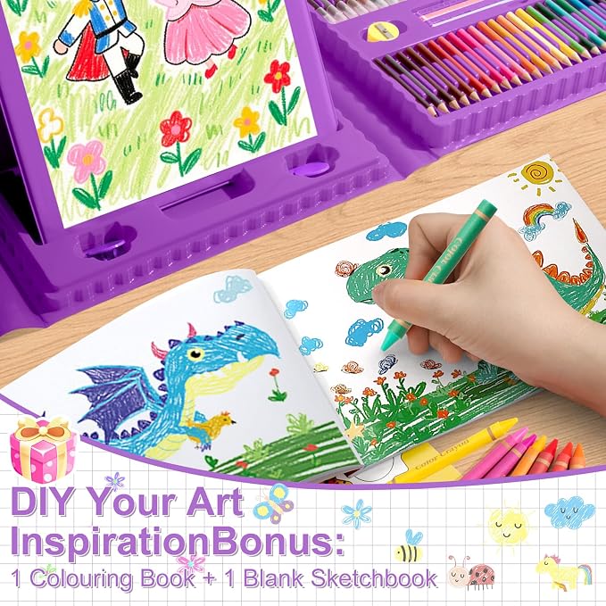GOTIDEAL Art Supplies for Kids,Drawing Art Kit,210 PCS Kids Art Set with Double Sided Trifold Easel,Coloring Book, Crayons, Markers, Watercolor Pens, Arts & Crafts,Gift for 4-12 Year Old Girl(Purple)