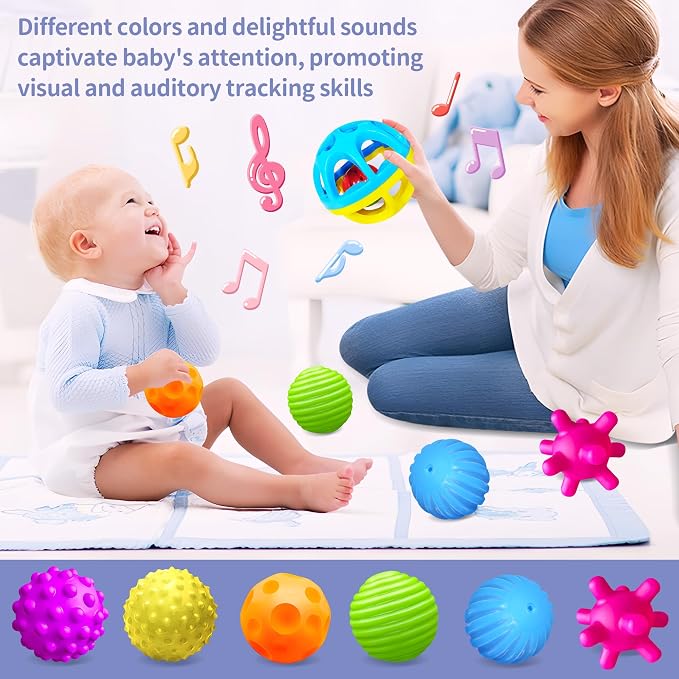 Sensory Balls, Montessori Toys with Baby Rattle 3-6 Months | 6 Multiple Textured Stress Balls with Blue Rattle, Bright Colors, Baby Teether Toys, Gift for Toddlers 1-3
