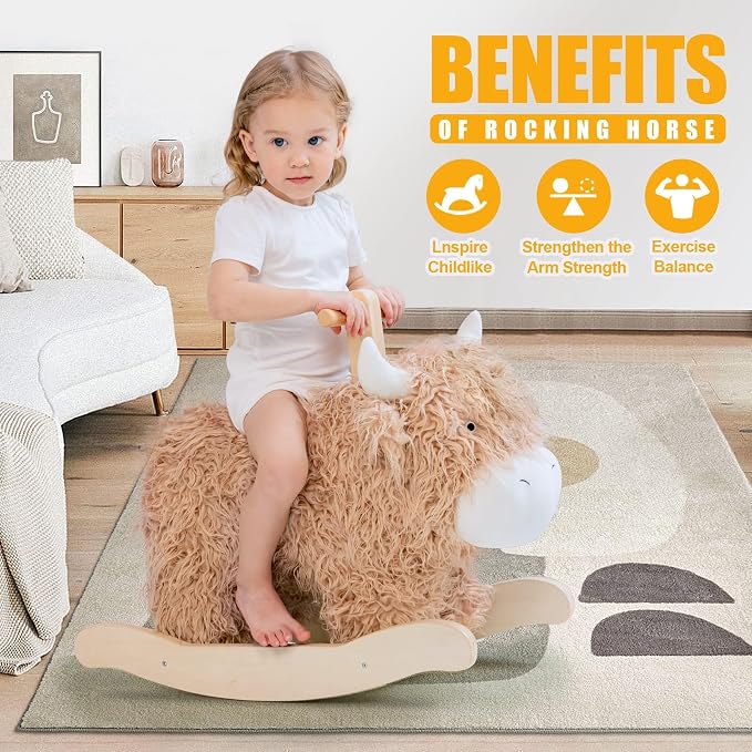 Baby Rocking Horse for 1 Year Old,Wooden Cow Animal Rocker Ride-on Toy Plush Wooden Rocking Toy for Nursery Playroom Indoor Wooden Rocking Horse Balance Seat with Handles Birthday Party Shower Gift