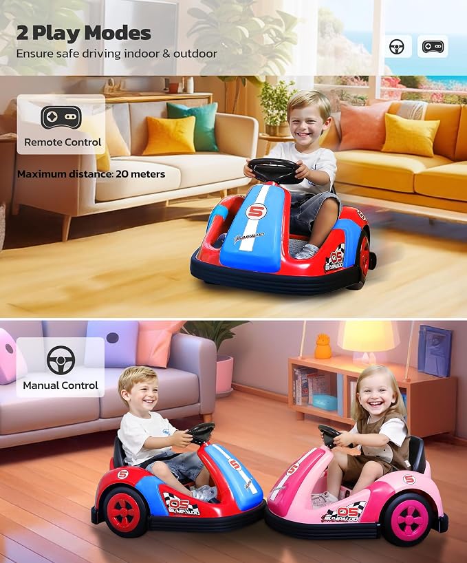 ELEMARA Kids Bumper Car with Big Wheel, 12V Toddler Bumper Cars with Remote, 2.2 Mph Max, Baby Bumping Toy Car with DIY Stickers,360 Degree-Spin, Bluetooth, Music,LED Lights, Deep Red