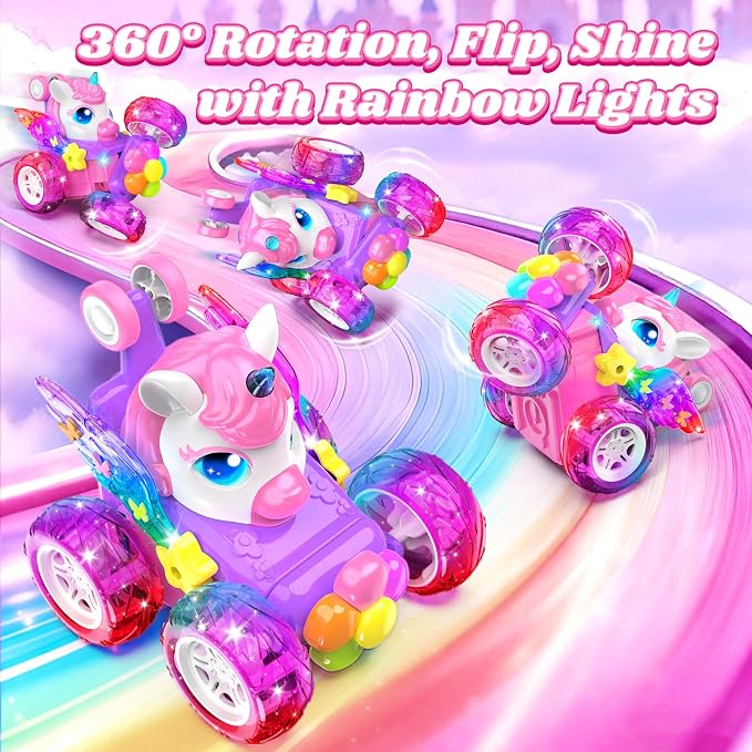 Unicorn RC Cars for Girl Toys with Glowling Crystal Wings & Eyes Lights, 360° Rotation Remote Control Car Pink Unicorn Stunt Car Kids Toys Birthday Gifts for 3 4 5 6 7 8 9 10 Year Old Girls