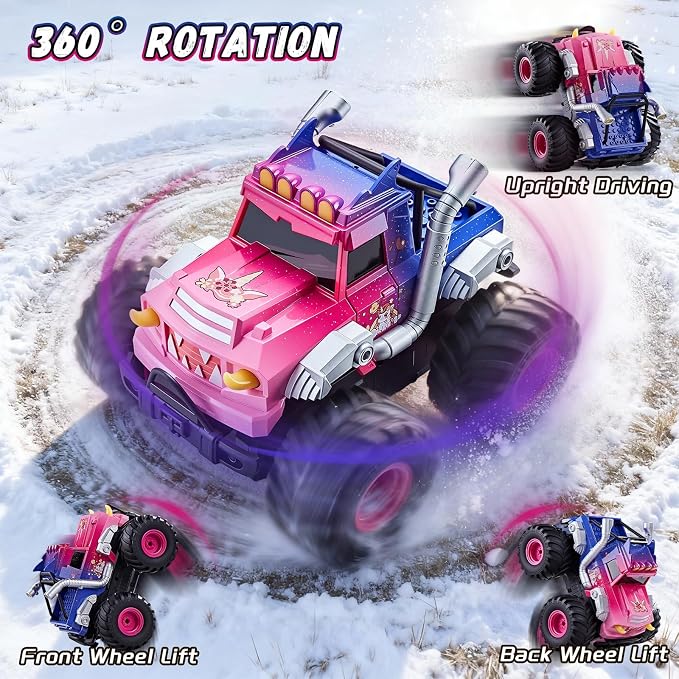 Remote Control Car for Girls, Waterproof Pink Monster Truck Toys W/Blocks & 360°Spin, 1:18 Amphibious RC Cars, 4WD All-Terrain Off-Road RC Trucks, Birthday Gifts Pool Toys for Kids Age 3-12