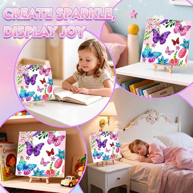 LCOZX 3D Fluttering Butterfly Diamond Art Kit for Kids Ages 8-12–Sparkling Gem Painting with Wooden Stand, Easy Arts & Crafts for Girls & Boys, Unique Birthday Gift & Bedroom Decor