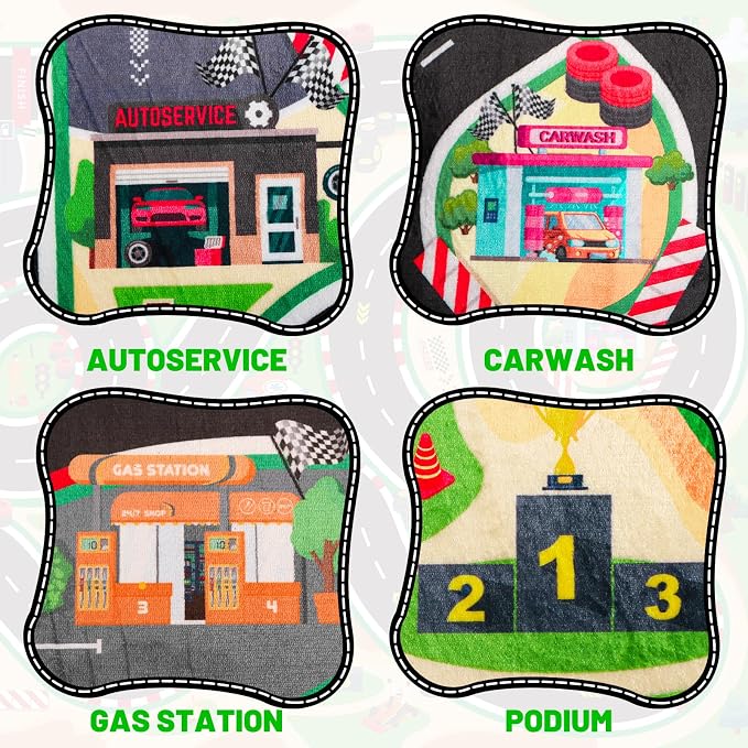 Kids Car Rug for Play Toy Cars, 4'11" x 3'3" Non-Slip Race Track Play mat Carpet Kid Road Rugs for Playroom Classroom Kids Room,Karting Road Racing Track Floor Mat Rug for Bedroom(for Age 2+,Green)