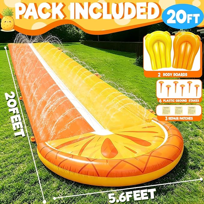 iGeeKid Pineapple 20FT Double Lawn Water Slides, Heavy Duty Water Toys Sprinkler 2 Race Lane with 2 Bodyboards for Kids Adults Backyard Outdoor Summer Beach Swimming Pool Water Game Party