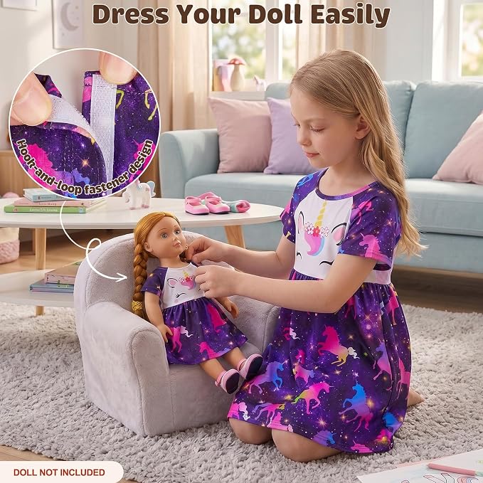Play Tailor Doll and Girl Matching Nightgown Unicorn Outfit Pajamas Night Dress for Girls and 18" Dolls Clothes