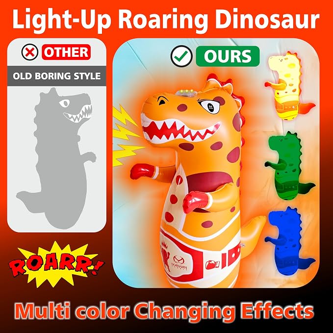 Marwan Sports Dinosaur Punching Bag for Kids Ages 3-10 — 47" Sensory Bop Bag, Glow-in-the-Dark with Roaring Sounds & Color Changing Lights | Indoor Energy Burner & Birthday Gift for Active Kids
