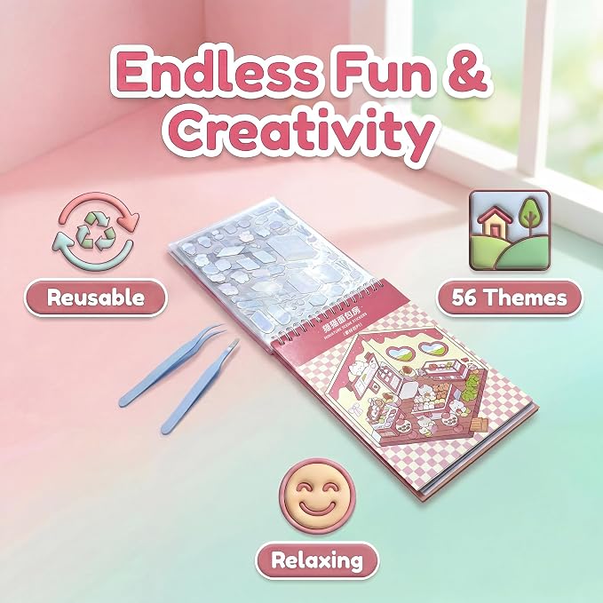 60Pack DIY 3D Sticker Scene Book for Kids & Adults – Build Your Own Room, Shop, Flower Store with Realistic 3D Stickers, Relaxing Craft Activity, Creative Fun, Unique Gift Idea