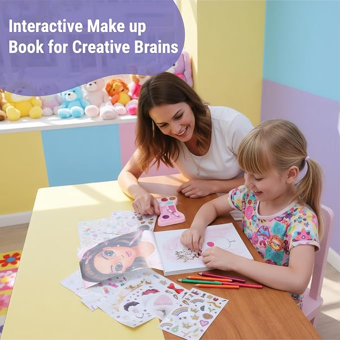 BSCOOL Make-up Artist. 3 in 1 Fun Makeup, Sticker, Coloring Kit, Includes Color Pencils, Makeup Palette, and 200+ Stickers. for Girls Ages 5,6,7,8. Make Up Style Coloring Book. Gift for Girls