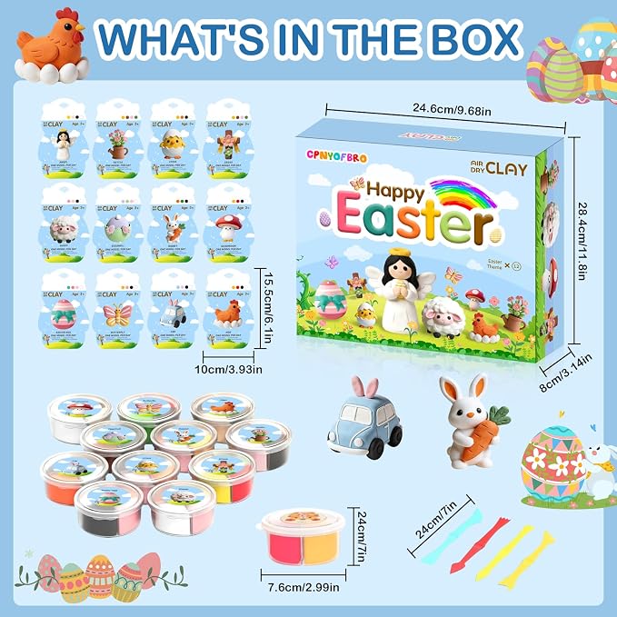 Easter Air Dry Clay for Kids,12 Boxes Modeling Magic Clay Kit with Sculpting Tools Tutorials, Safe & Non-Sticky DIY Craft Kit for Easter Basket Stuffers Gifts