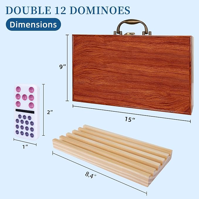 GOTHINK Double 12 Mexican Train Dominoes Set in Wooden Carry Case, Colored Dots Domino Set for Adults Kids and Family, Included 91 Tiles, 9 Trains, Wooden Hub, 8 Holders, 2 Scorepad, Modern Box