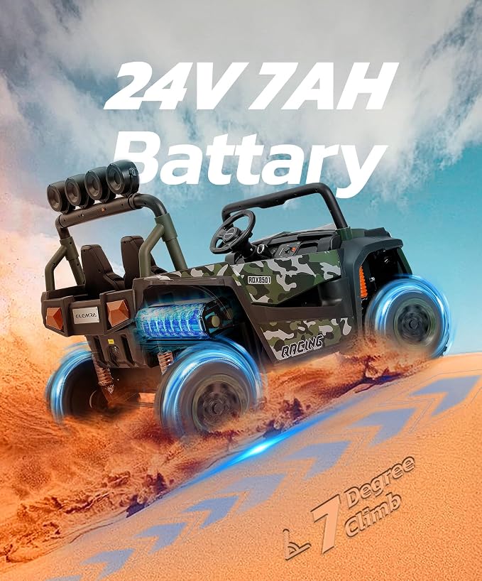 ELEMARA 2 Seater 24V Ride on Toys for Big Kids,XL Ride on Car with Remote Control,Max Capacity 130lbs Battery Powered Kids car,5 Mph Max,4-Wheeler Suspension,Bluetooth,Rainbowlight*4,Camouflage Green