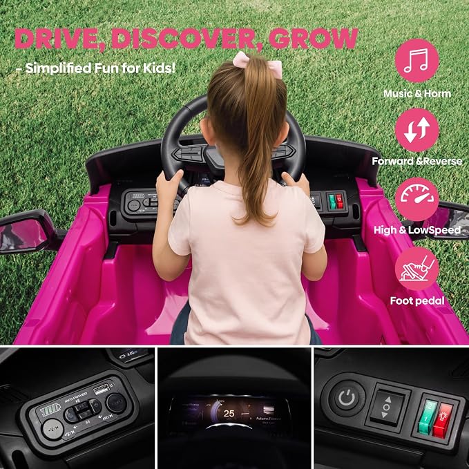 24V Licensed Chevrolet Silverado EV Electric Car for Kids, Ride on Toys for Toddlers with Remote Control, Soft Start, Wide Seat, 3 Speed, LED Lights, Music Player, Birthday Gift, Pink