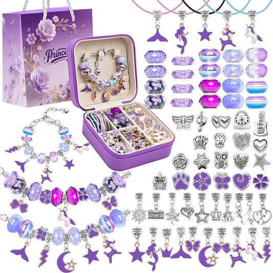 ONADEBY Charm Bracelet Making Kit - Purple DIY Jewelry Making Kit for Girl, Friendship Bracelet Kit with Portable Jewelry Box Bag Packing for Birthday Christmas New Years Easter Valentine Craft Gifts