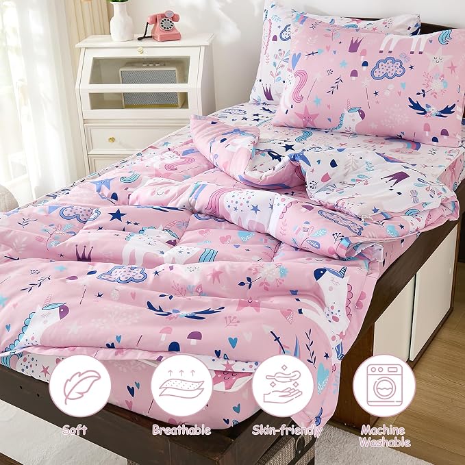 DJY Zipper Bedding Set Twin, Pink Unicorn Bedding Sets for Girls, Kids Comforter Set with Fitted Sheet Pillowcases, All in One Zipper Bed Set for All Seasons