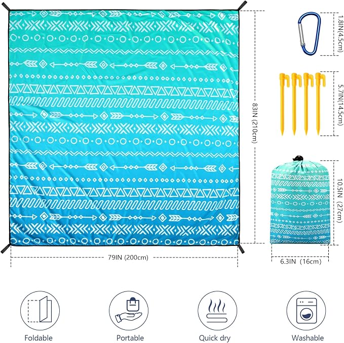 WIWIGO Beach Blanket Waterproof Sandproof Beach Mat 79" X 83"/10'x9'for 2-8 Adults Quick Drying Outdoor Picnic Mat Beach Accessories for Travel, Camping, Hiking