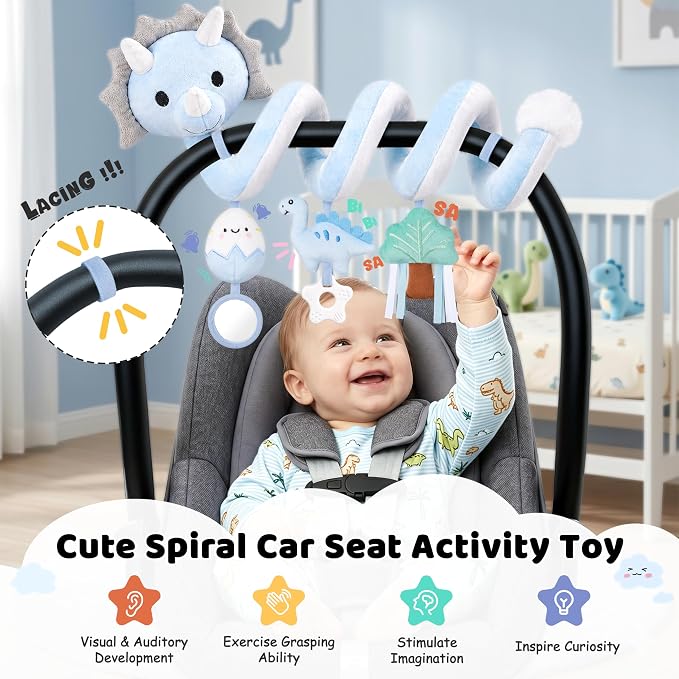 Stuffed Dinosaur Spiral Car Seat Toys Hanging for Babies 0-3 3-6 6-12 Months, Plush Infant Stroller Toy with Silicone Teether, Crinkle and Squeaker, Soft Cute Shower Gifts for Newborn Boys Girls