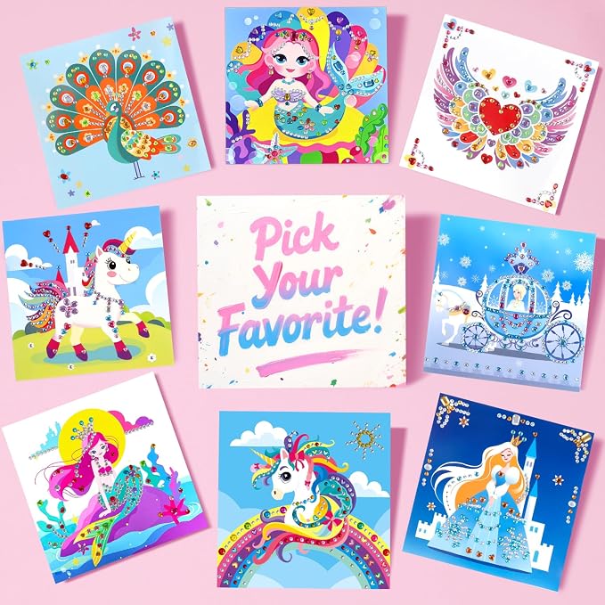 Marlrin Unicorn & Princess Diamond Art Kit for Kids Ages 3-8,Easy Arts and Crafts with 1000+ Gem Stickers,Gem Art Christmas Birthday Easter Gift for Girls 4-7