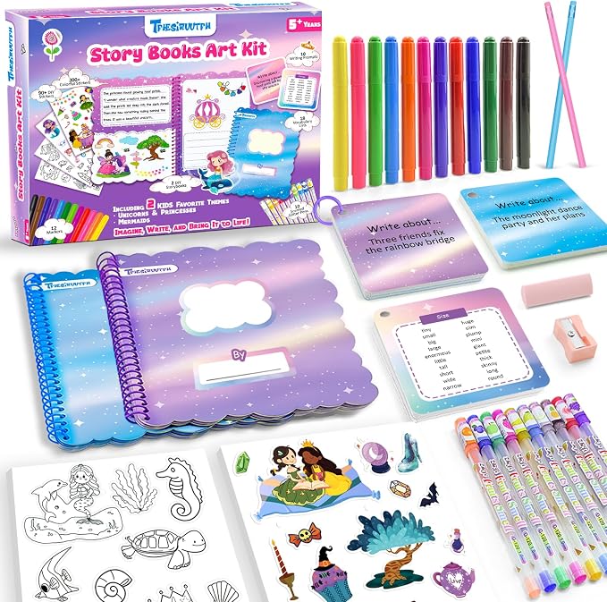 Storybook Art Kit, Make Your Own Story Book, DIY Writing Journal with 400+ Stickers, 24 Pens, 2 Scrapbooking & Journal Supplies, Hardcover Book Making Kit for Kids Easter Gifts for Girls Ages 5-10