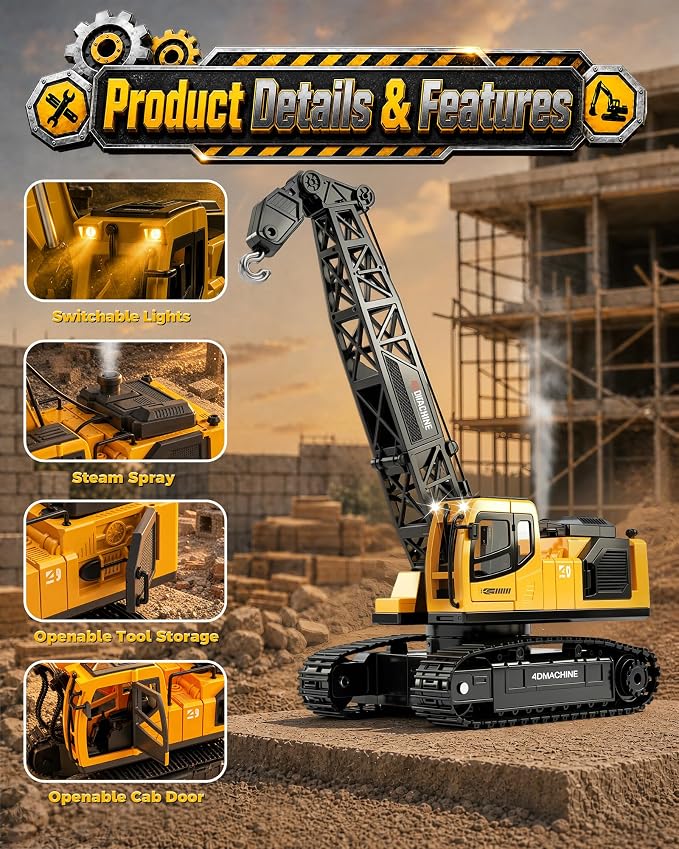 Remote Controlled Tower Crane Toy for Boys, 1:18 12-Channel RC Tower Crane