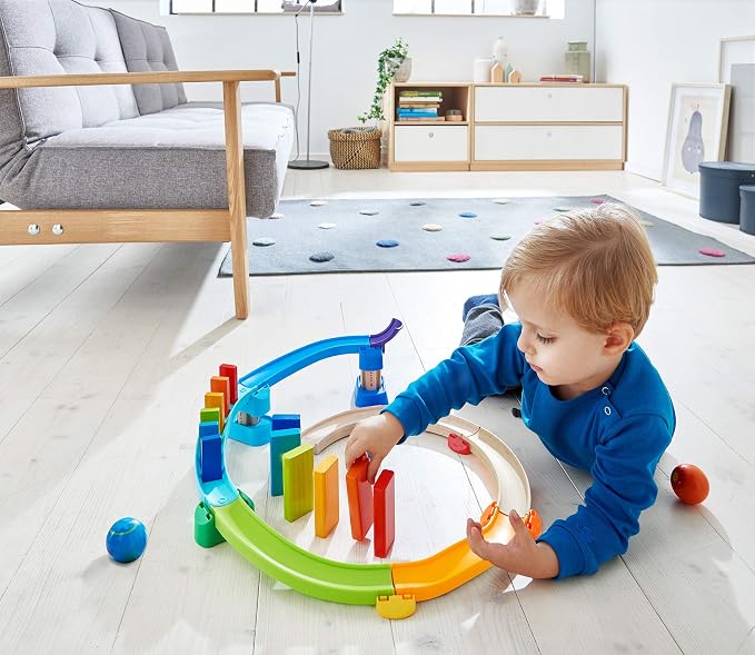 HABA Kullerbu Kringel Domino Playset - 33 Piece Ball Track Starter Set with Two Sets of Falling Dominoes - Ages 2+