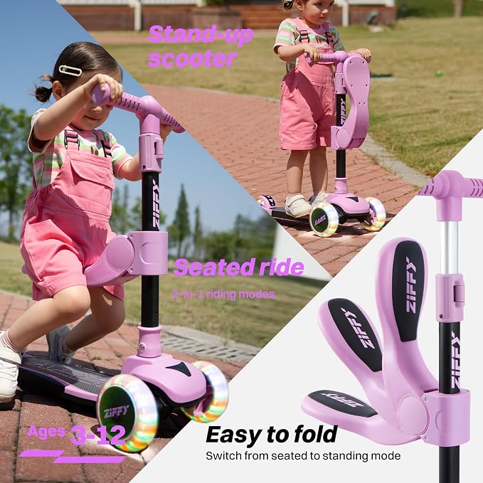 JOVA ZIFFY 2-in-1 Toddler Scooter with Seat, 3 Wheel Scooter for Kids 3-5 6-12, Foldable Light-Up Kid Scooters for Boy Girl 110 Lbs, Anti-Slip Deck, 3 Adjustable Height Handlebar, Kids Riding Toys
