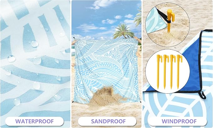 WIWIGO Beach Blanket Waterproof Sandproof Beach Mat 79" X 83"/10'x9'for 2-8 Adults Quick Drying Outdoor Picnic Mat Beach Accessories for Travel, Camping, Hiking