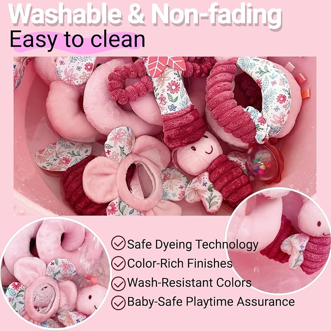 Baby Spiral Car Seat Toys for Babies 0-6 Months Girl, Stroller Hanging Stuffed Animal Carseat Crinkle Rabbit Toy 0-3-4-5-6-7-8-9-12 Month, Newborn Infant Toddler Birthday Gifts Set Bunny 3PCS
