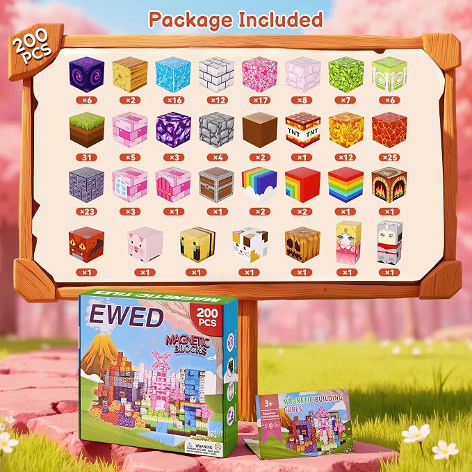 200PCS Magnetic Blocks, Magnetic Building Blocks Cubes Tiles, STEM Educational Stacking Magnets School Game Toys for Kid Ages 3 4 5 6 7 8 9 10 11 Birthday Party Supplies Gifts for Boys and Girls