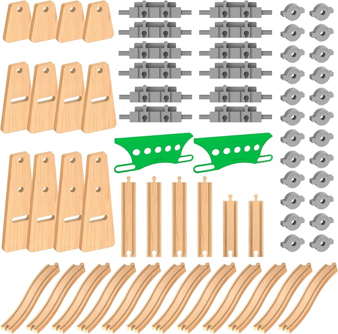 Wooden Train Tracks Accessories Build & Play Construction Set 68PCS Modular Railway STEM Toys Track Expansion Pack #2 with Parallel Tracks Adjustable Columns Elevated Station Compatible Thomas Brio
