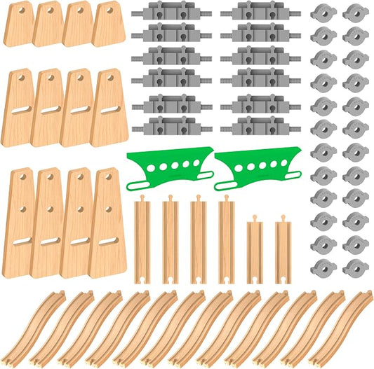 Wooden Train Tracks Accessories Build & Play Construction Set 68PCS Modular Railway STEM Toys Track Expansion Pack #2 with Parallel Tracks Adjustable Columns Elevated Station Compatible Thomas Brio
