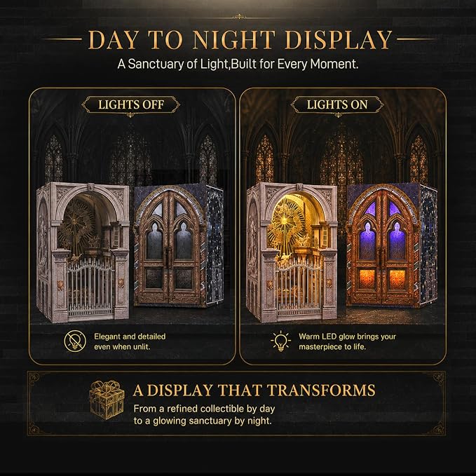 2 Pack DIY Dollhouse Kit, European Sacred Church Miniature with LED Light & Dustproof Design, Easy Assembly Wooden Architecture Craft for Adults Bookshelf Decor Creative Gift