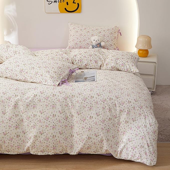 Floral Cottagecore Comforter Set Twin XL, 3 Pieces Vintage Flowers Comforter Coquette Aesthetic Bedding Set for Girls Teen Women, Soft Lightweight Botanical Comforter with 2 Bow Ties Pillowcases