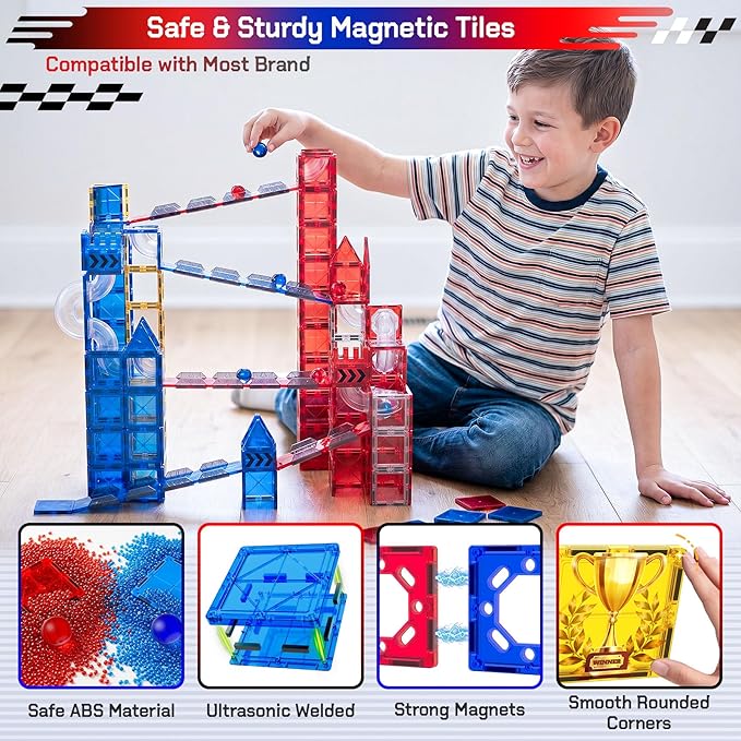 73pcs Magnetic Tiles for Kids Ages 4-8, STEM Magnetic Tiles Race Track & Marble Run, Preschool Magnetic Tile Rails Expansion Set, Creative Magnet Building Blocks for 4+ Year Old Boys Birthday Gifts