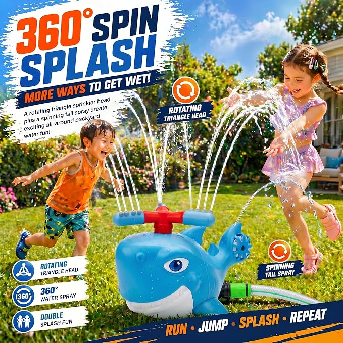 Shark Water Sprinkler Toy for Kids Ages 3-8, 4-in-1 Splash Baseball T Ball Set with Rocket Launcher, 360 Degree Sprinkler and Water Balls, Outdoor Backyard Summer Toy for Boys Girls
