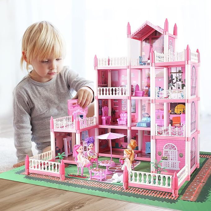 Doll House Set for Girls, Princess House Toys with 4 Dolls Furniture and 4-Story 11 Rooms,Pretend Play DIY with Light Strip for Kids, Building Dolls Playset Toys Kit Gift for Ages 3 4 5 6+