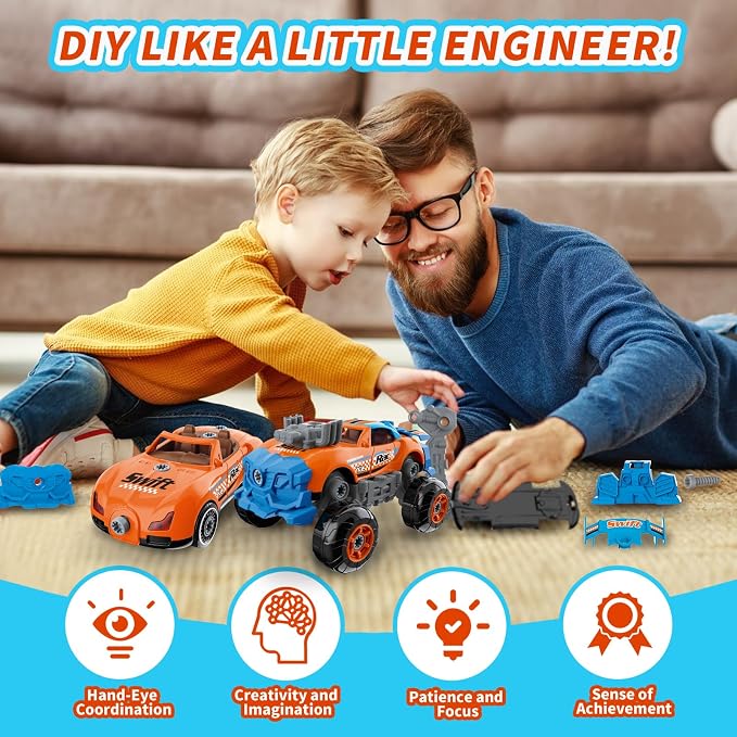 Pup Go 3-in-1 Take Apart Car for Boys Ages 3 4 5 6 7, Building Toys with Electric Drill, 43 Pcs Construction Toy Truck, Build Your Own Car with Play Tools, Ideal STEM Gift for Kids Children (Orange)