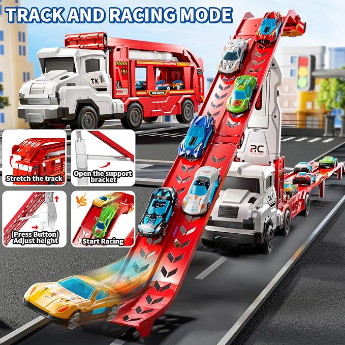 3-in-1 Kids Carrier Truck Toy Car Tracks for Toddlers 2-4 Years Old with 12 Racing Cars Toys, Foldable Chasing Race Track and Car Garage, Car Ramps Birthday Gift for Boys Girls 3-5 4-8(Red)