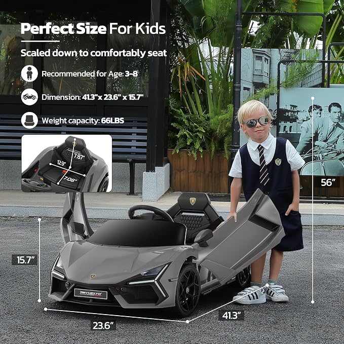 ELEMARA Lamborghini Toy Car for Kids to Drive with Scissor Doors,Electric Cars for Toddlers with Parent Remote, Kid 12V Children's Car with Bluetooth,MP3 Player, LED Light and Wide Seat, Gray