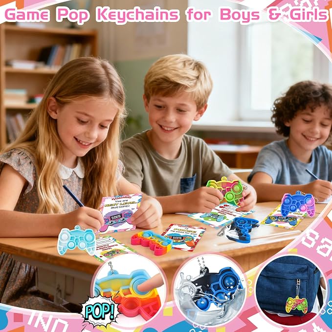 NEUBSAW 24 Packs Valentine's Day Cards with Pop Games Keychains Toy for Classroom Exchange, Valentine's Gifts Party Favors for Boys Girls School, Valentine's Prizes for School