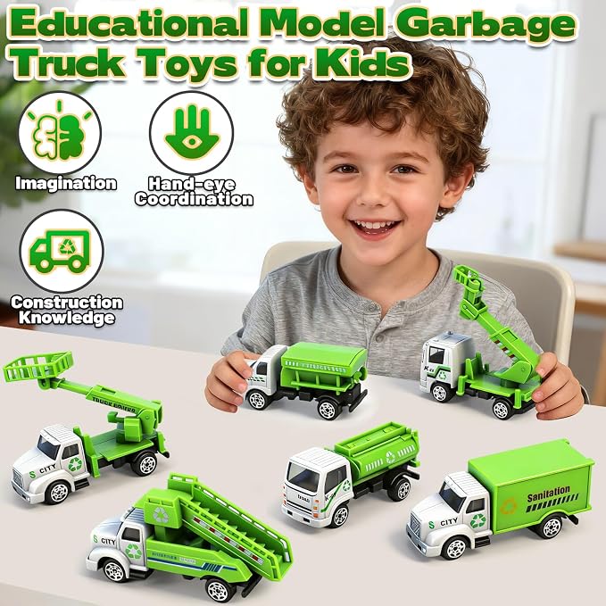 6 Pack Diecast Garbage Truck Toys, Mini Alloy Trash Truck Kids Play Vehicles Set Cars Toys for Toddlers Boys Ages 3 4 5 6 7 Years Old Birthday Gift & Party Favors &Goodie Bag Stuffers
