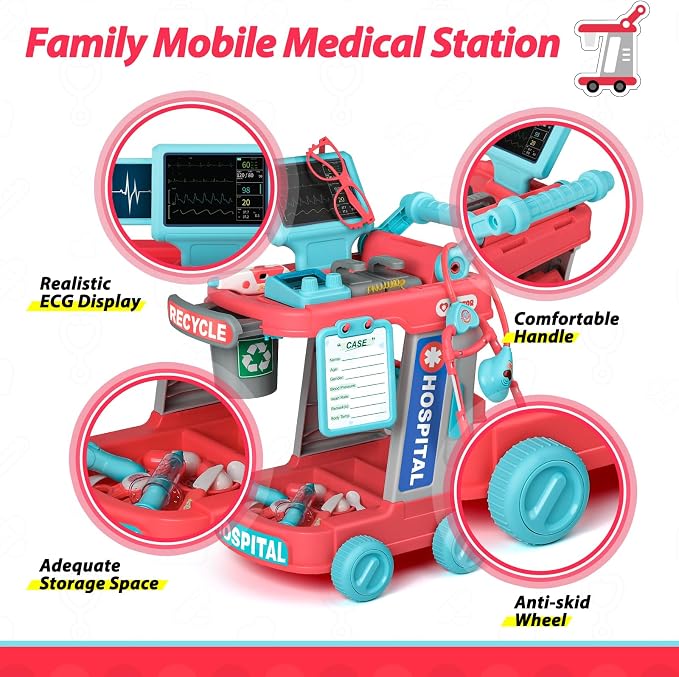 Liberry Doctor Kit for Toddlers Ages 3 4 5, Pretend Kids Doctor Playset with Cart, Costume and Stethoscope, Role Play Medical Toys Birthday Gift for Girls Boys (Red)