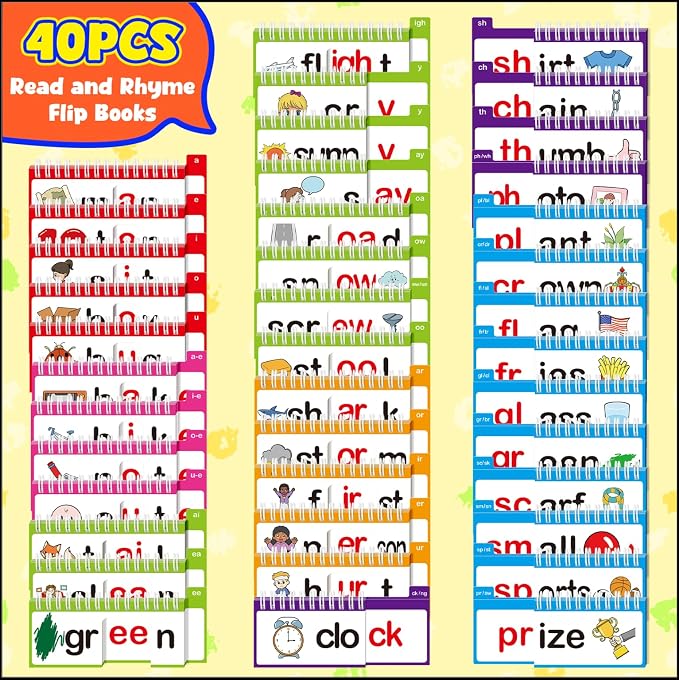 40 Read and Rhyme Flip Books,Phonics Word Family Build Book Learn to Read Phonics Flash Cards,Sight Words Flash Cards Kindergarten Reading Books,Flip Book Word Games for Preschool Learning Activities