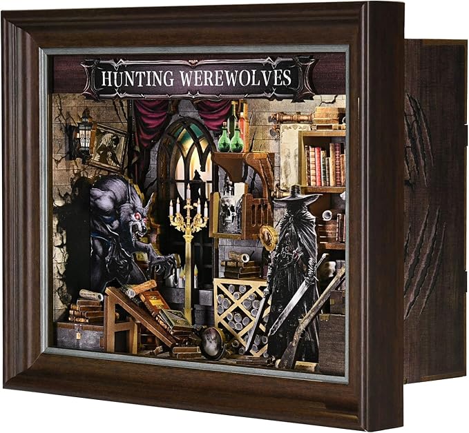 Book Nook Kit-3D Wooden Puzzle with LED Touch Control & Wall-Mountable Frame,DIY Miniature House for Beginners,Bookshelf/Tabletop/Wall Decor for Craft Lovers,Dollhouse Gift,Hunting Werewolves